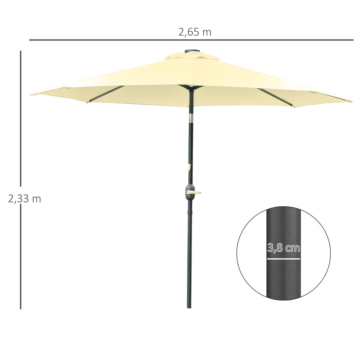 Chapéu de Sol com 32 Luzes LED Solares Ø265x233cm Chapéu de Sol Inclinável com Manivela e Mastro de Aço para Terraço Pátio Exterior Bege — foto 3