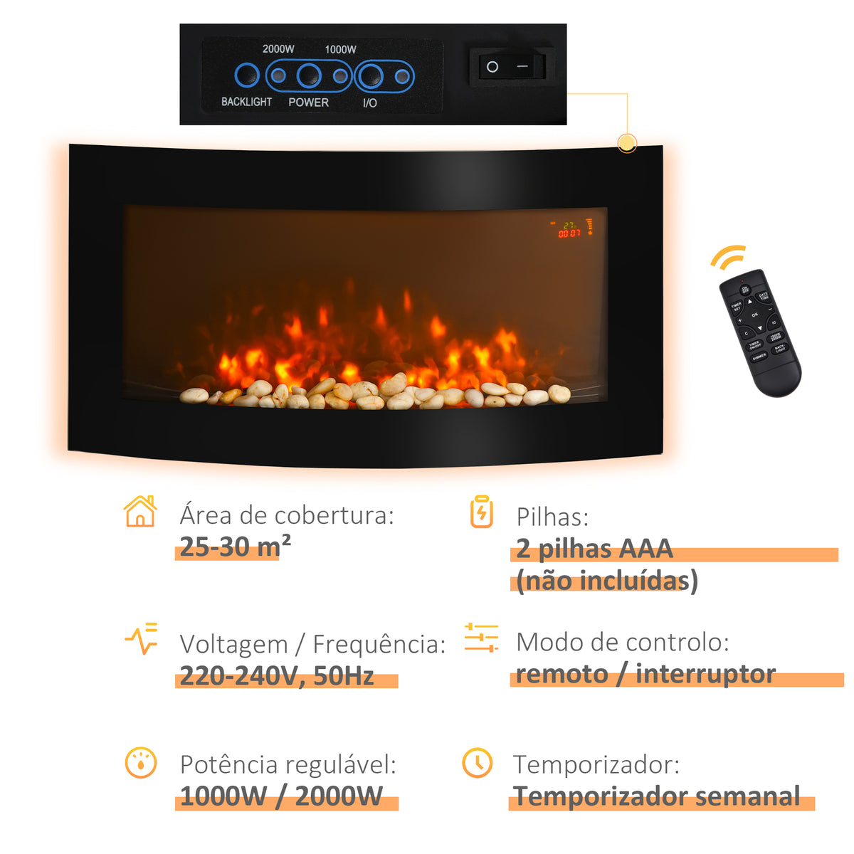 Lareira Elétrica de Parede com Efeito de Chama Realista Luzes LED de 7 Cores Controlo Remoto e Potência Ajustável 1000W/2000W 89,2x13,5x48cm Preto — foto 5