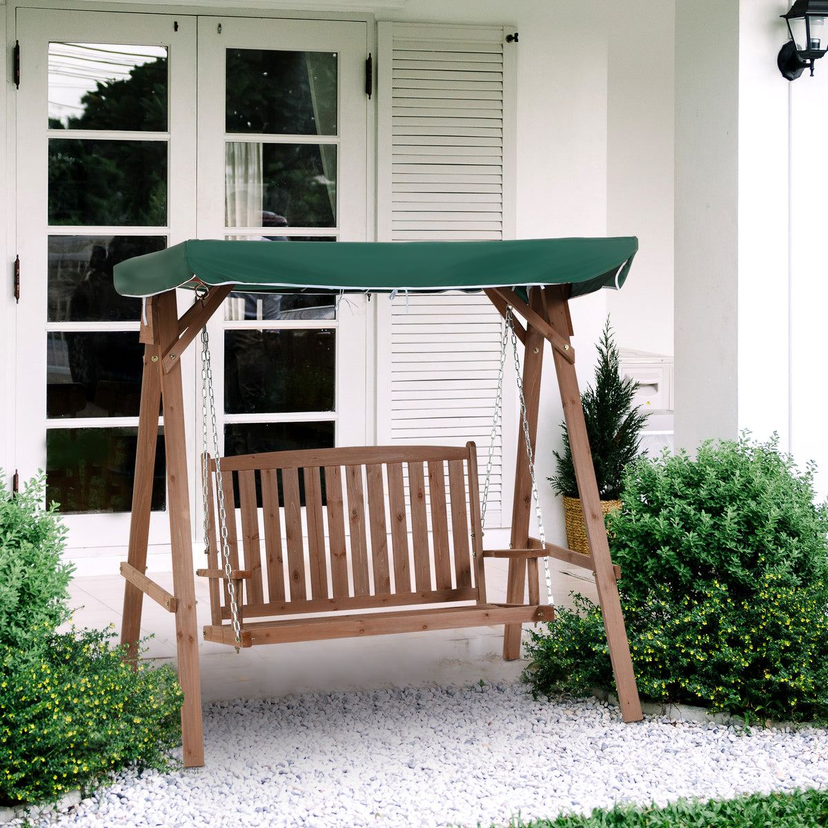 Banco Baloiço de Jardim de Madeira com Toldo Verde Baloiço para Pátio Jardim Terraço Exterior Carga Máxima 227kg 160x120x165cm Marrom — foto 2
