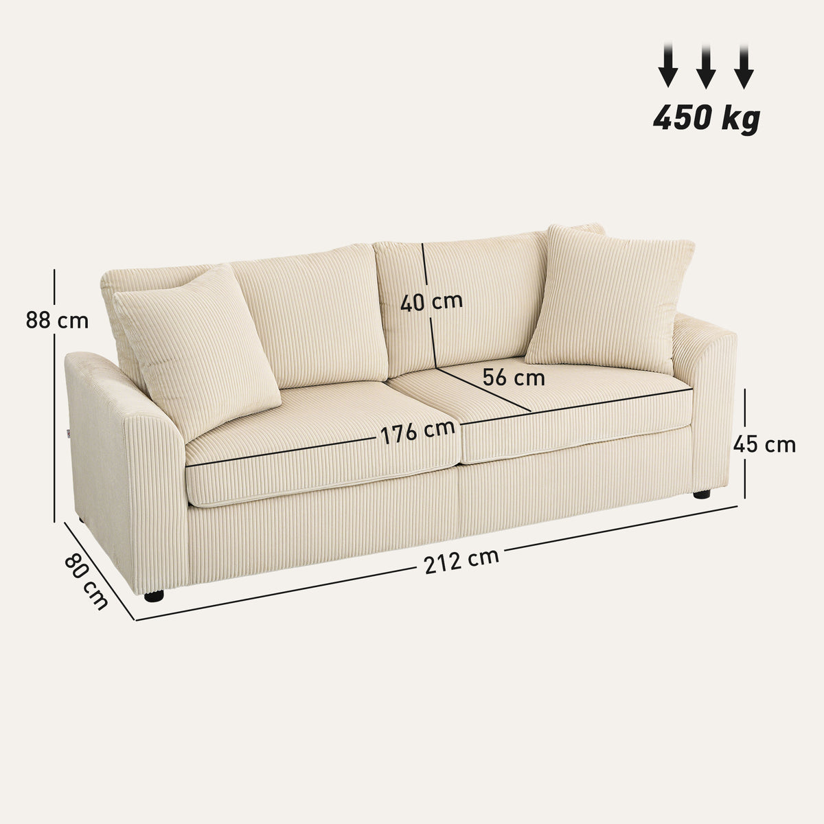 Sofá de 3 Lugares Moderno 212x80x88 cm Sofá Sala de Estar Estofado com 2 Almofadas Apoio de Braços e Estrutura de Aço para Sala de Estar Quarto Escritório em Casa Creme — foto 3