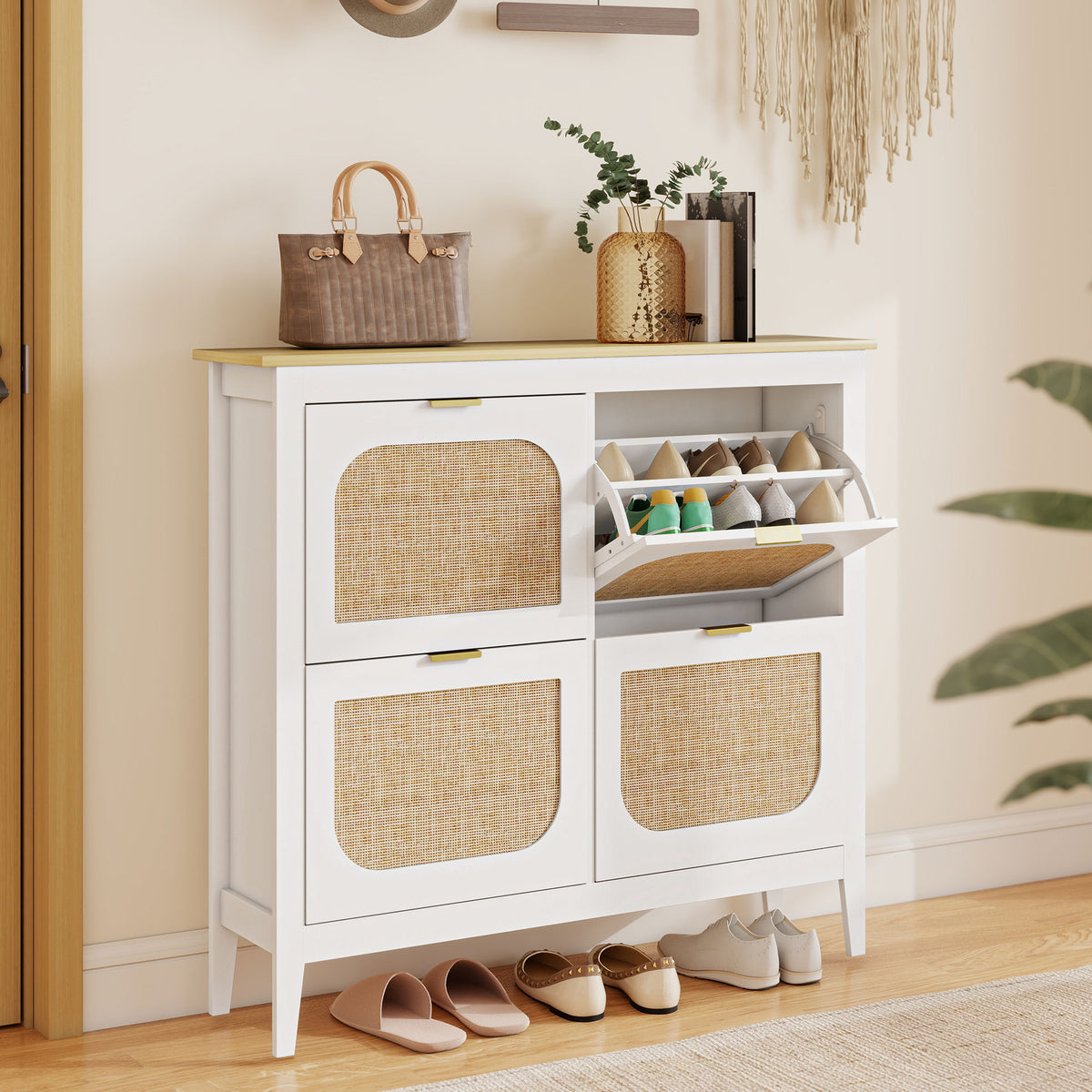 Sapateira Estreita com 4 Portas em Vime Sapateira para Entrada com Prateleiras Ajustáveis para 20 Pares de Sapatos 105x24x95,5 cm Branco — foto 2