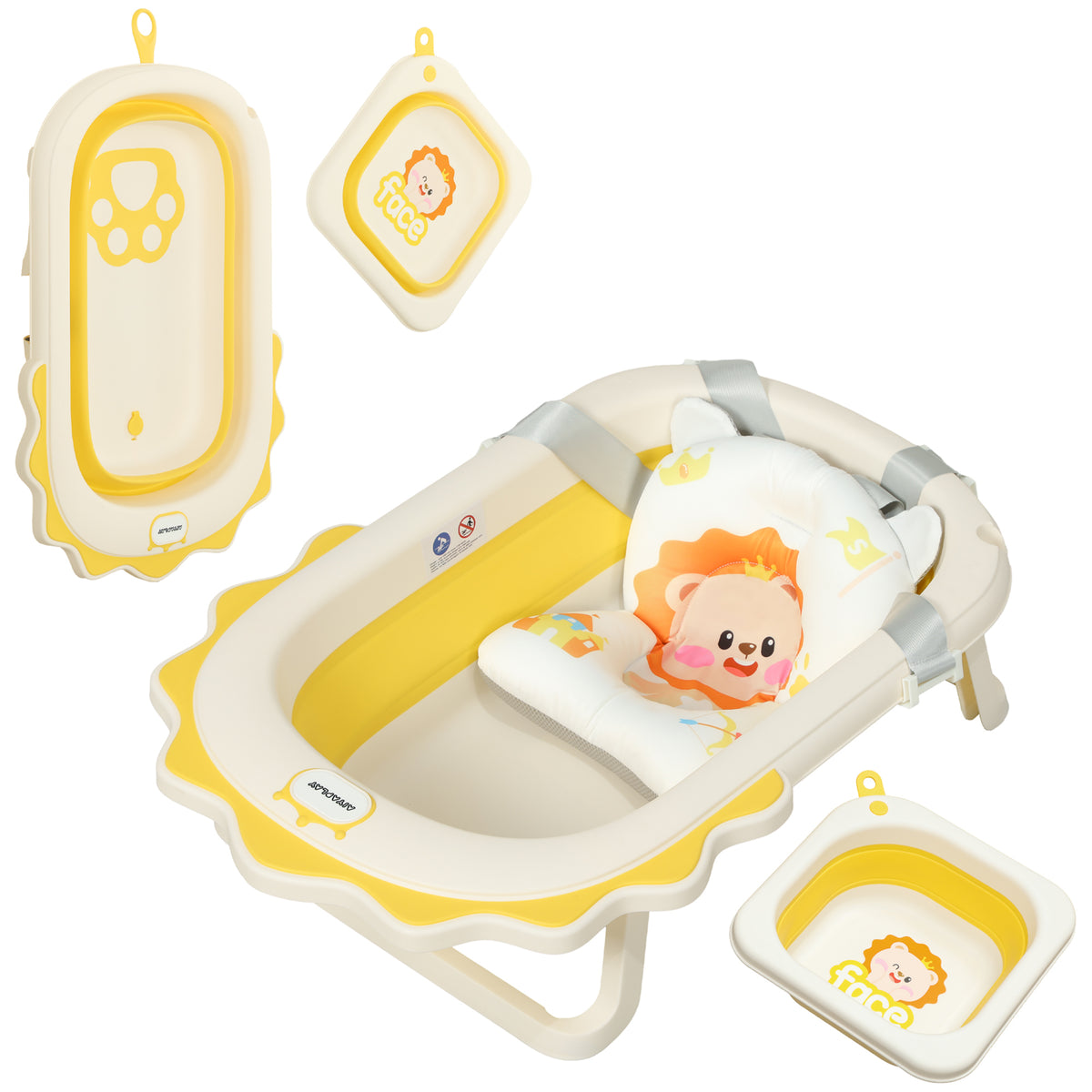 Banheira Dobrável para Bebés com Almofada e Cubo Banheira para Recém Nascido até 3 Anos com Almofadas Antiderrapantes Orifício de Drenagem e Orifício para o Duche 80,5x55x20 cm Amarelo — foto 1