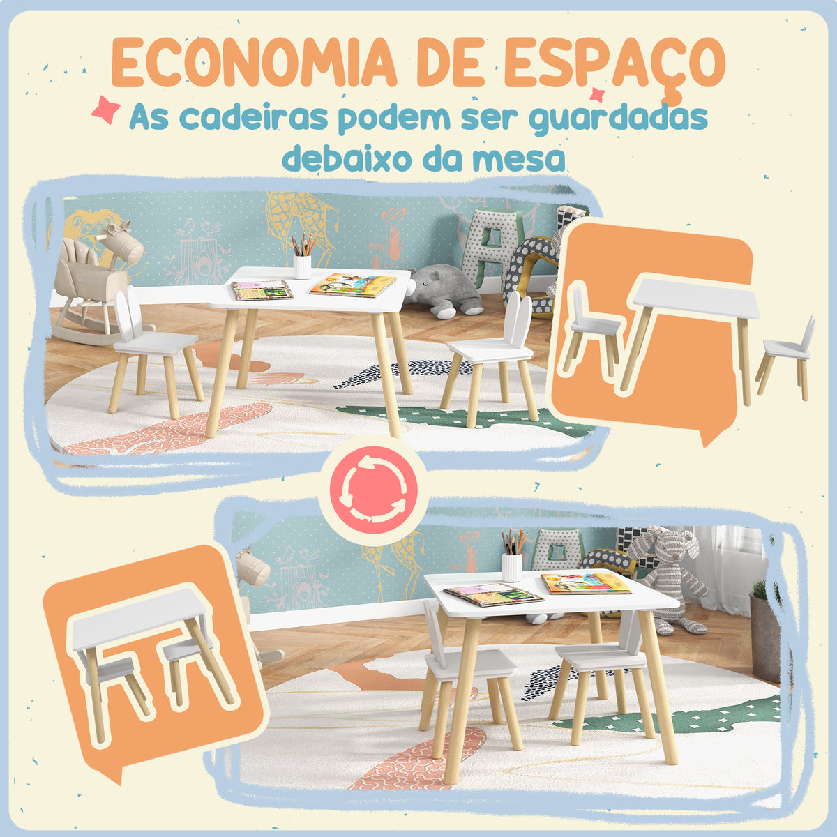 Conjunto de Mesa Infantil e 2 Cadeiras Mesa Infantil com Costas de Cadeiras com Orelhas de Coelho Mesa Infantil para Quarto de Bebé Sala de Jogos Branca — foto 6