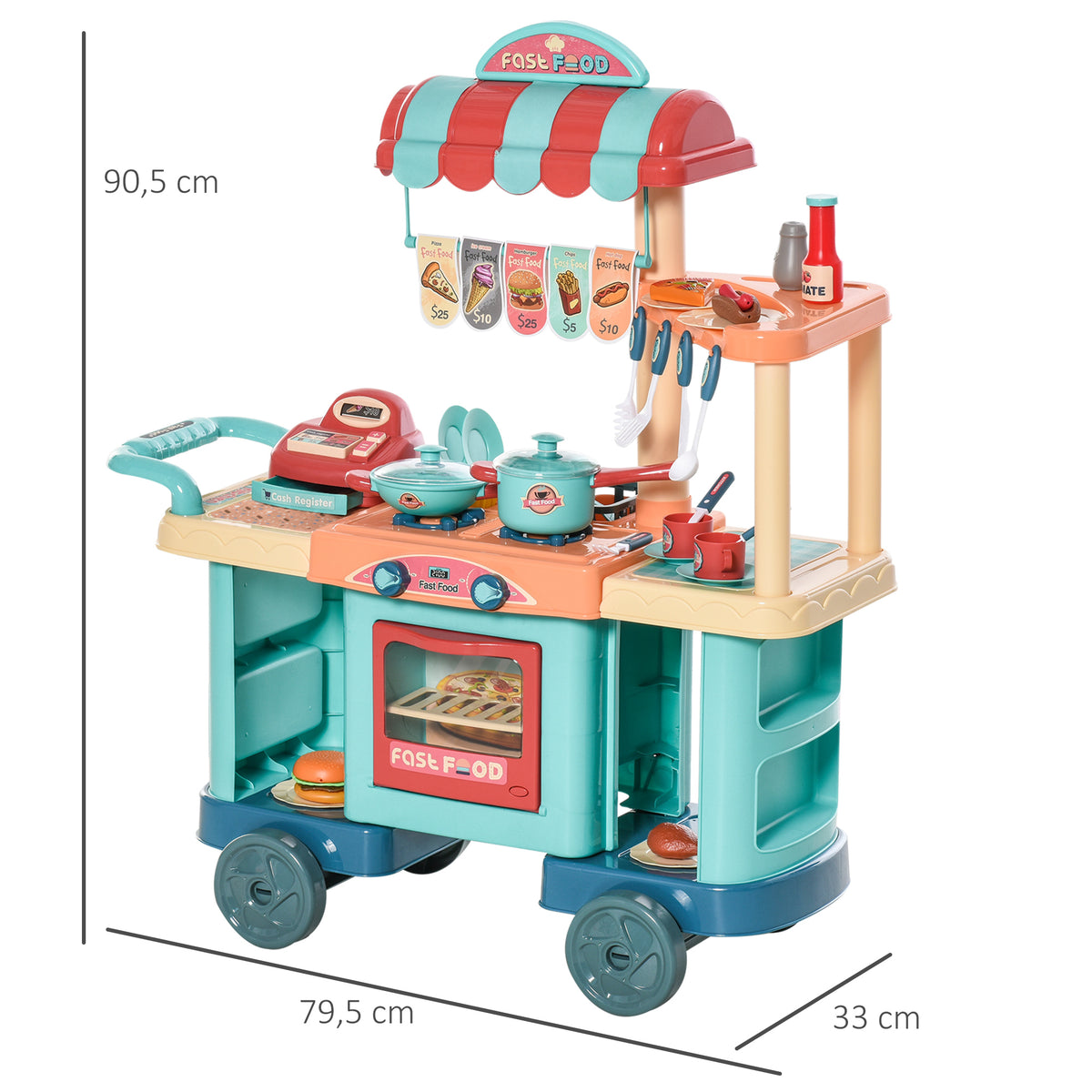 Cozinha de Brinquedo para Crianças de 3 a 6 Anos Cozinha Infantil com Rodas Caixa Registradora e Acessórios para Cozinhar 79,5x33x90,5 cm Multicolor — foto 3