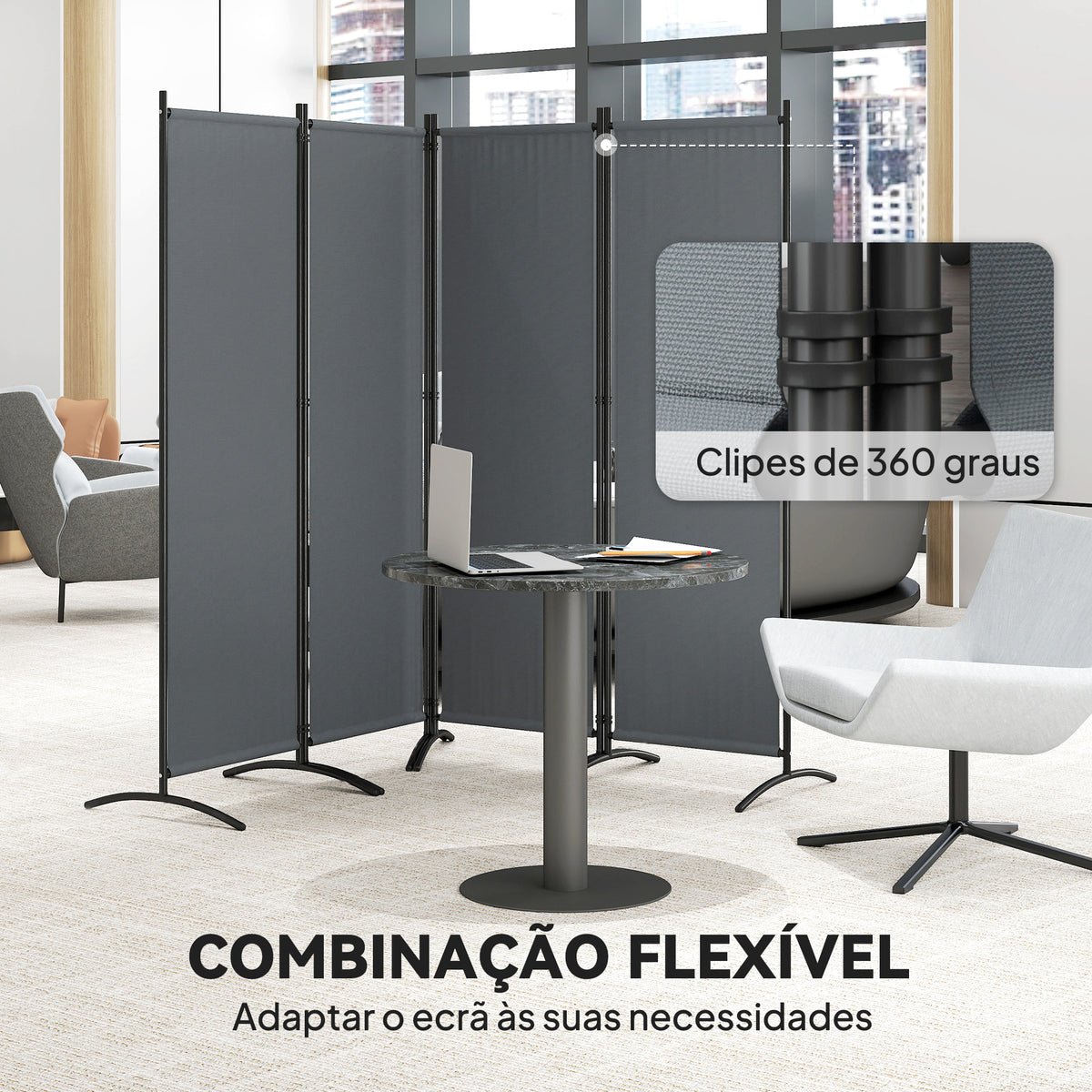 Biombo Separador de Ambientes de 4 Painéis Biombo Dobrável 221x172 cm com Pés Largos Biombo Exterior para Terraço Pátio Jardim Cinza Escuro — foto 5