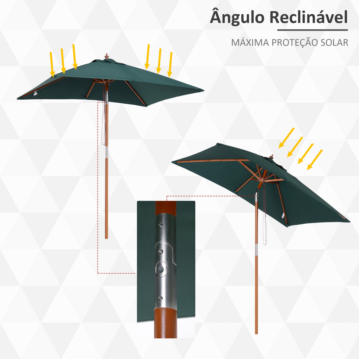 Chapéu de Sol de Jardim 200x150x230cm Chapéu de Sol Retangular Inclinável com Polia Duplo Teto e Mastro Desmontável de Madeira para Terraço Pátio Verde — foto 4