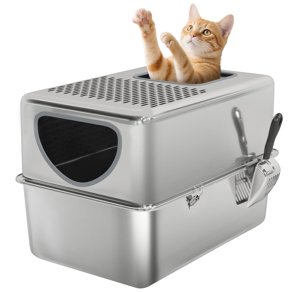 Caixa de Areia para Gatos em Aço Inoxidável XL Caixa de Areia para Gatos com Pá Aberturas Duplas Fácil de Limpar 60x39,6x40,1 cm Prateado — foto 1