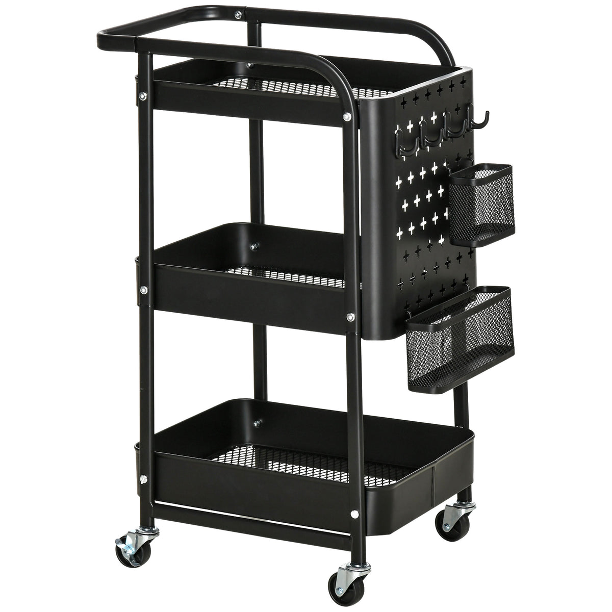Carrinho de Cozinha com Rodas Carrinho de Armazenamento de 3 Níveis com 4 Ganchos 2 Cestas Alça de Transporte e Rodas com Freio para Casa de Banho Escritório Dormitório 51,5x32x75,6cm Preto — foto 1