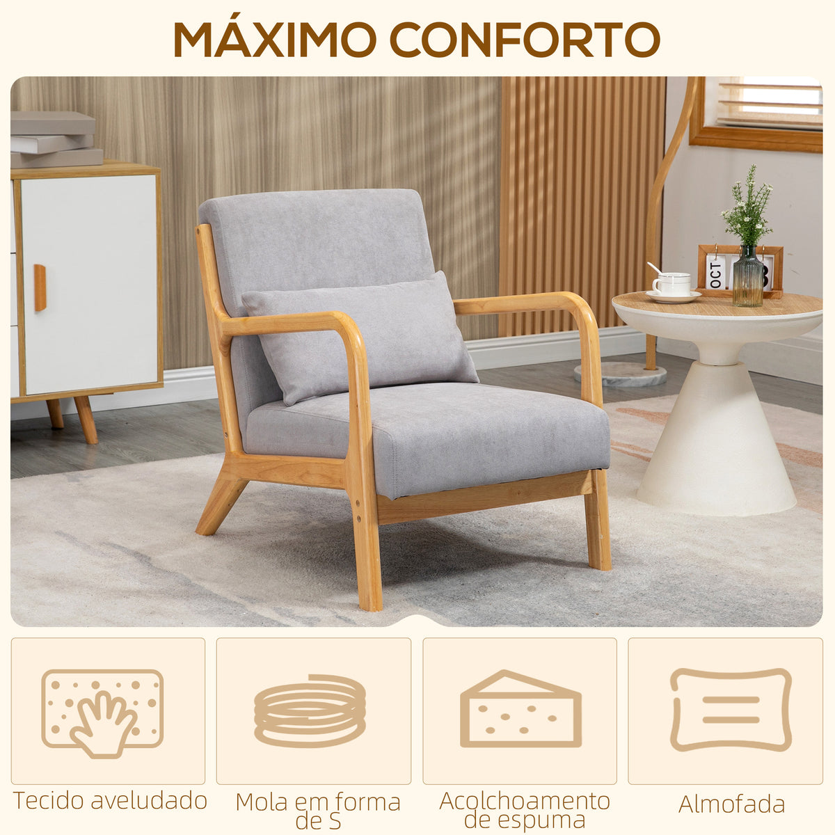Poltrona Sala de Estar Nórdica Poltrona Individual Acolchoada com Apoio para os Braços e Estrutura de Madeira de Borracha para Dormitório Carga 120 kg 61x78x76 cm Cinza — foto 4