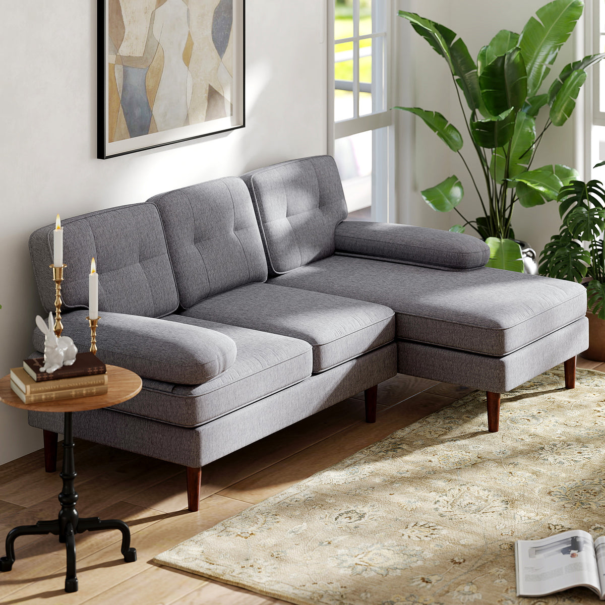 Sofá de Canto com Chaise Longue em Forma de L Estofado em Poliéster Sofá de Canto com Apoios de Braço para Sala de Estar Capacidade 250 kg 215x142x88 cm Cinza — foto 2