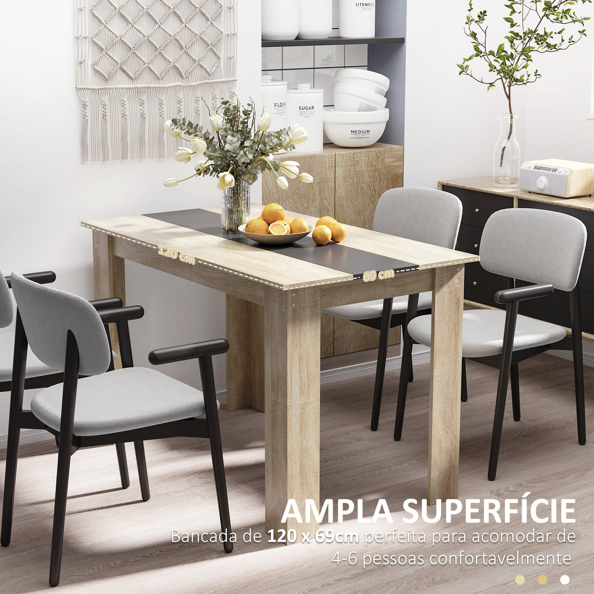 Mesa de Sala de Jantar para 4-6 Pessoas Mesa de Cozinha Retangular Estilo Moderno com Bancada de Melamina de Madeira Carga 50 kg 120x69x75 cm Madeira e Preto — foto 5