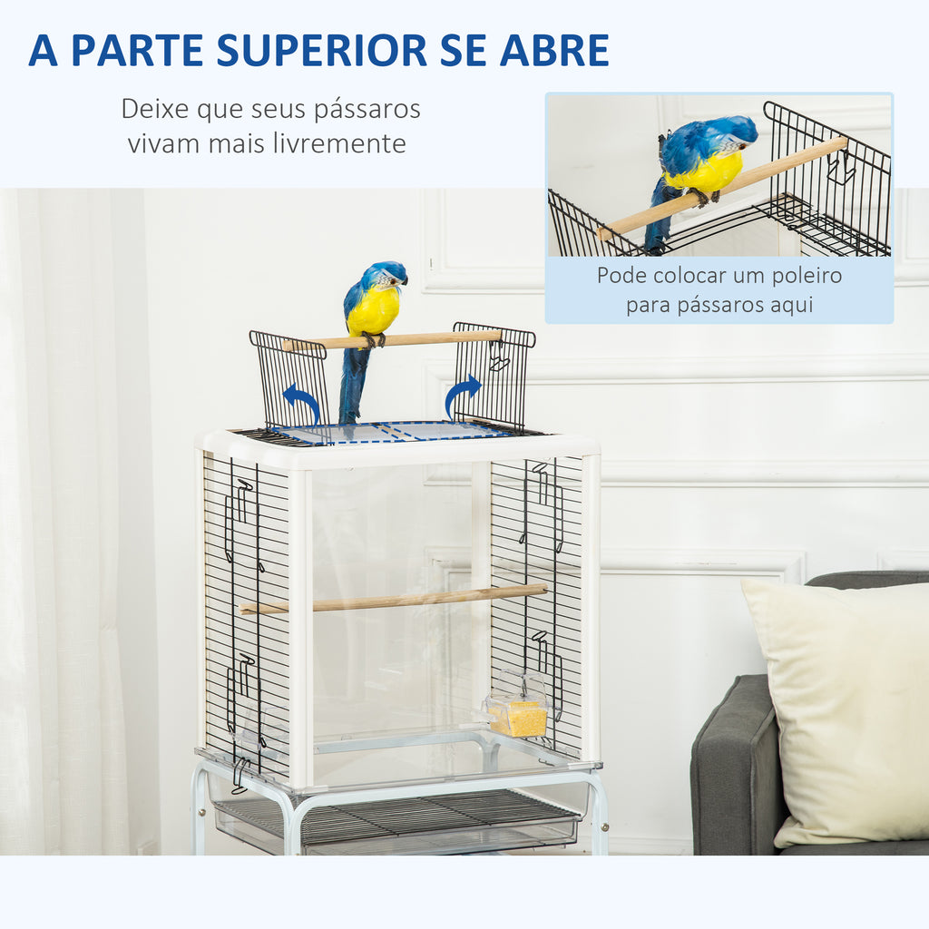Gaiola para Passáros com Suporte Desmontável Gaiola com 4 Rodas Teto com Abertura 2 Comedouros 2 Poleiros Bandeja Removível 47x35x106,5cm Branco — foto 5
