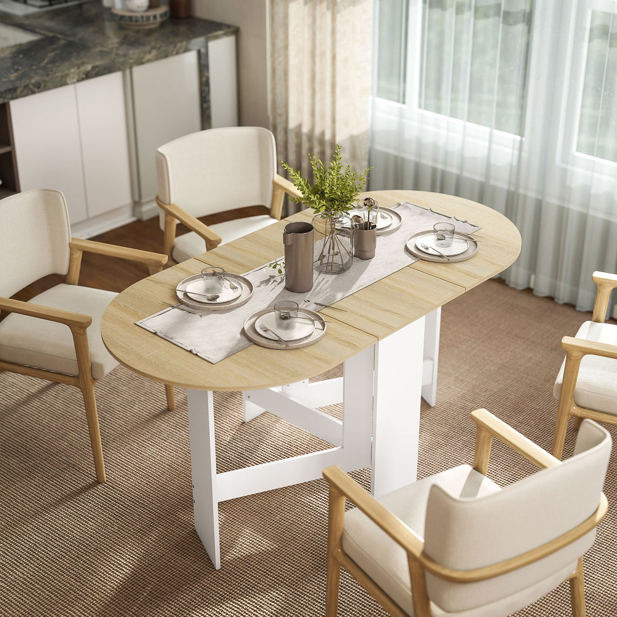 Mesa de Cozinha Dobrável Mesa de Jantar Dobrável Ovalada com Laterais Abatíveis Estilo Moderno 163x80x75 cm Madeira — foto 2