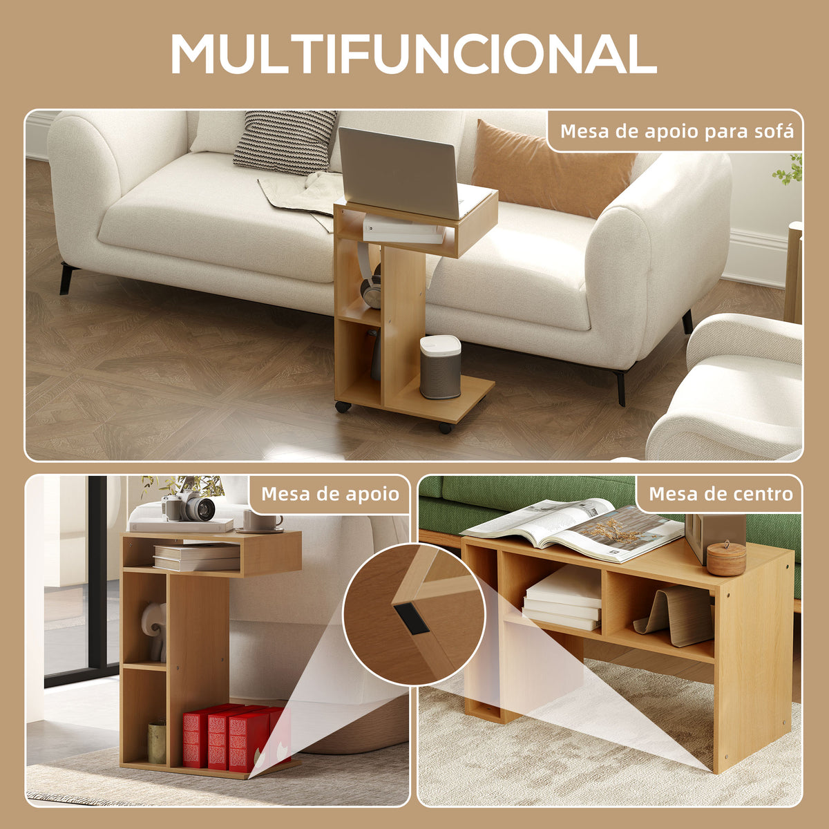 Mesa Auxiliar em Forma de C Mesa Auxiliar para Sofá com Rodas Compartimentos Abertos Mesa Lateral para Sala de Estar Dormitório 40x30x69 cm Madeira — foto 4