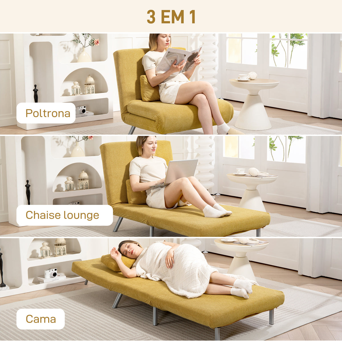 Sofá Cama de 1 Lugar 3 em 1 Sofá Dobrável Estofado em Tecido Amarelo Mesclado com Encosto Ajustável em 5 Níveis e Almofada para Escritório Quarto Sala 80x75x83 cm — foto 4