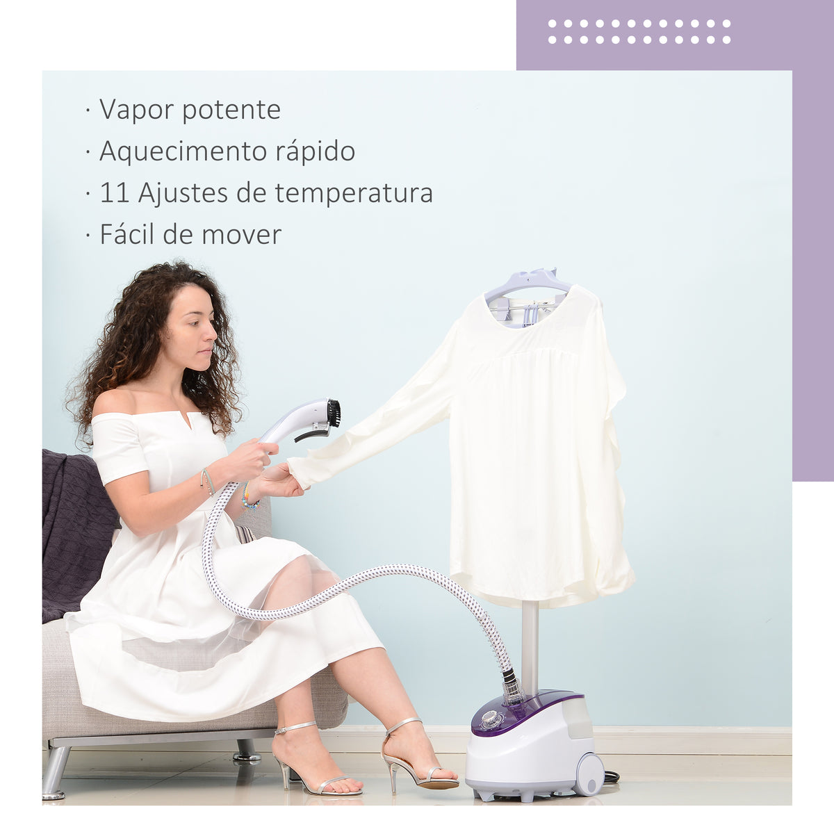 Ferro de Engomar a Vapor com Depósito de 1,8L e Temperatura Ajustável em 11 Níveis Ferro de Engomar a Vapor Vertical 21,5x30x150 cm Branco e Roxo — foto 6