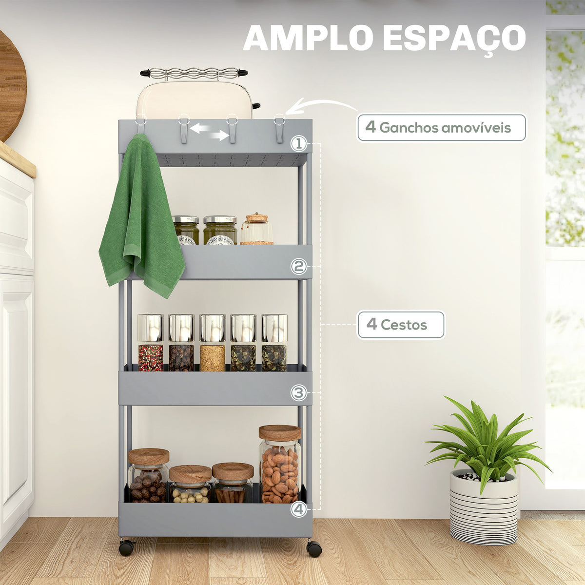 Carrinho Auxiliar com Rodas Carrinho de Armazenamento com 4 Cestas e 4 Ganchos Amovíveis para Cozinha Casa de Banho Sala de Estar 40x19x90 cm Cinzento — foto 4