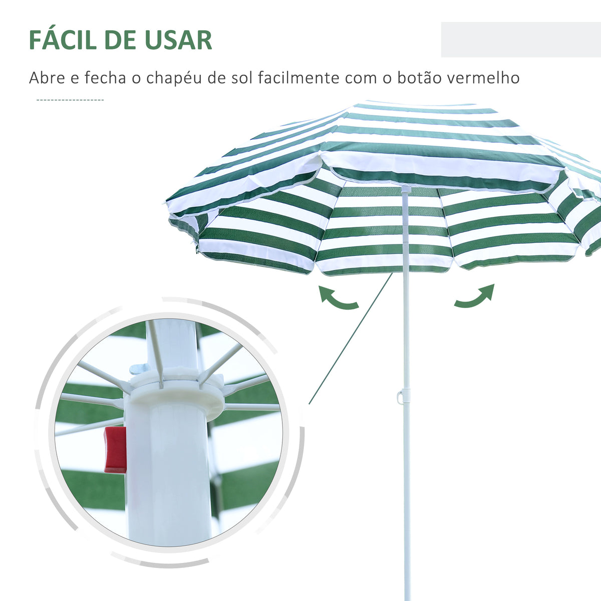 Chapéu de Sol de Praia Ø180cm com Teto Inclinável e Mastro de Metal Proteção Solar para Jardim Terraço Exterior Listras Verdes e Branco — foto 4