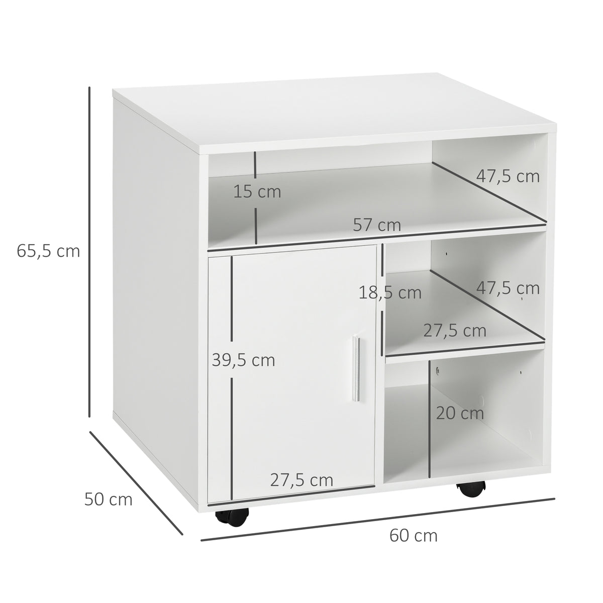 Armário de Escritório para Impressora Móvel para Escritório Multifuncional com Prateleiras e Amplo Espaço de Armazenamento 60x50x65,5 cm Branco — foto 3