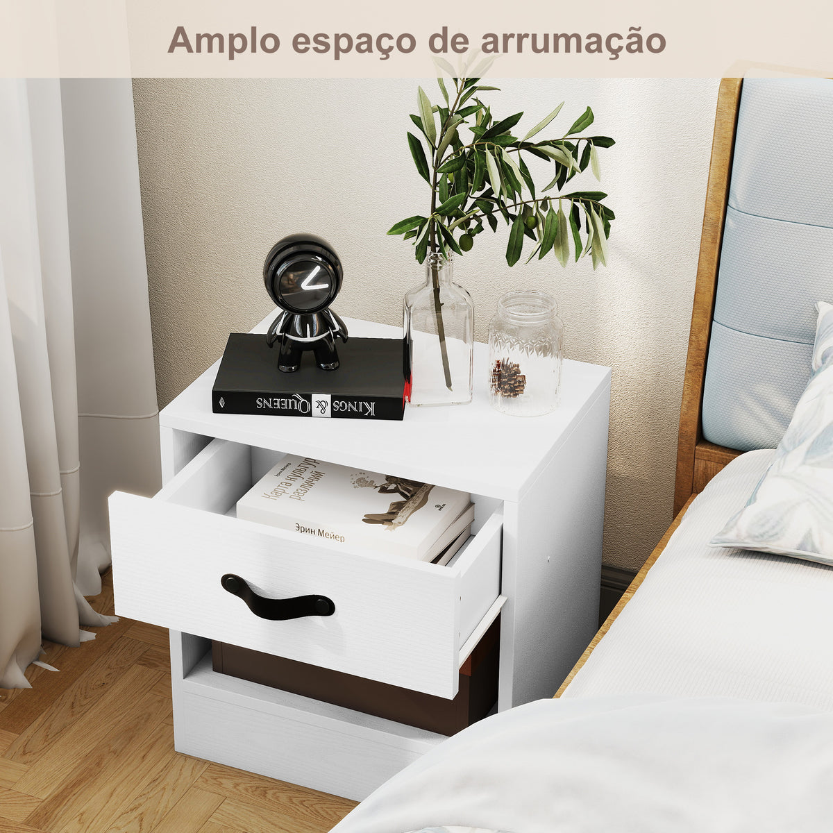 Conjunto de 2 Mesas de Cabeceira Mesas de Cabeceira para Dormitório Estreitas com Gaveta e Compartimento Aberto 39x28x41 cm Branco — foto 5