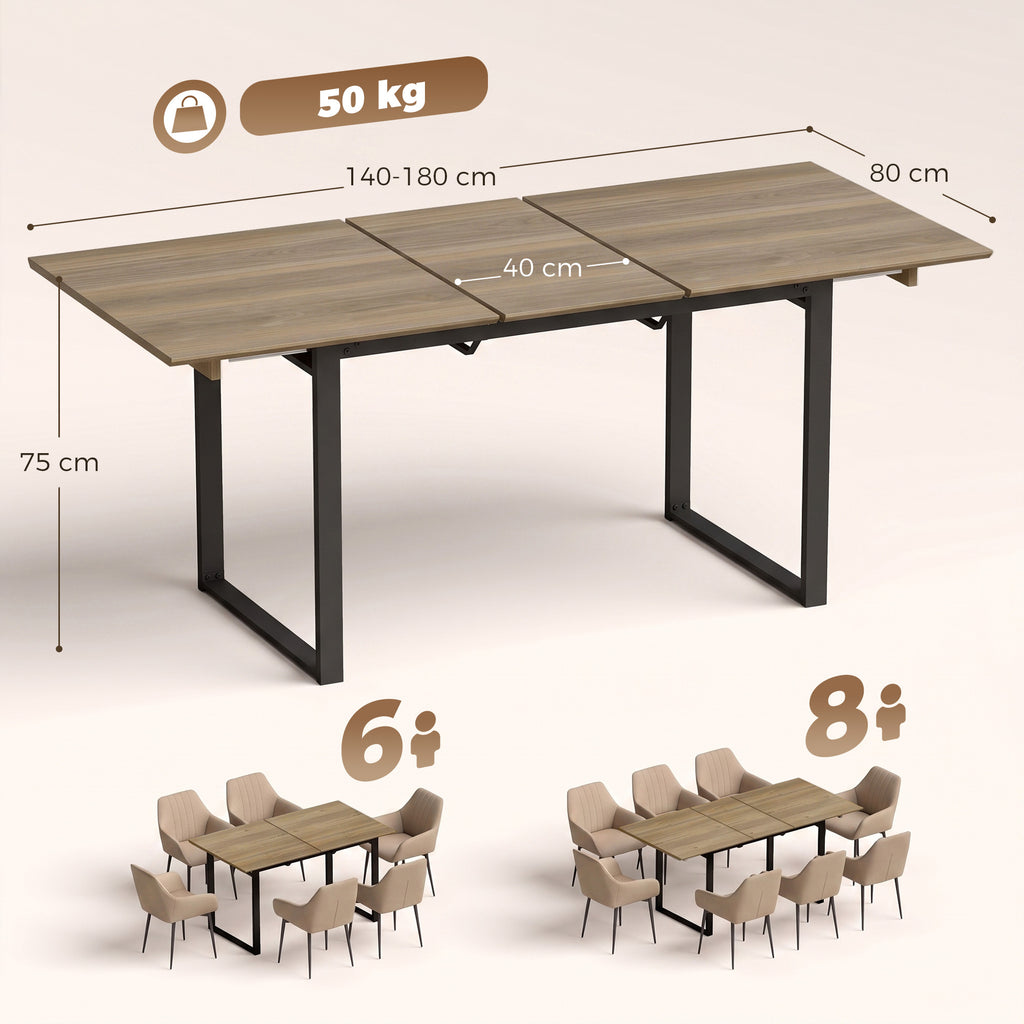 Mesa de Jantar Extensível 140-180 cm para 6-8 Pessoas Retangular com Design Industrial e Estrutura em Aço Castanho — foto 2