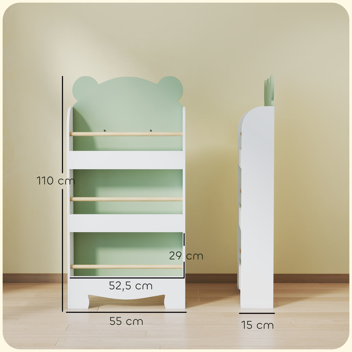 Estante Infantil para Livros Estante Infantil de 3 Níveis com Tema de Urso para Livros e Brinquedos 55x15x110 cm Verde — foto 2