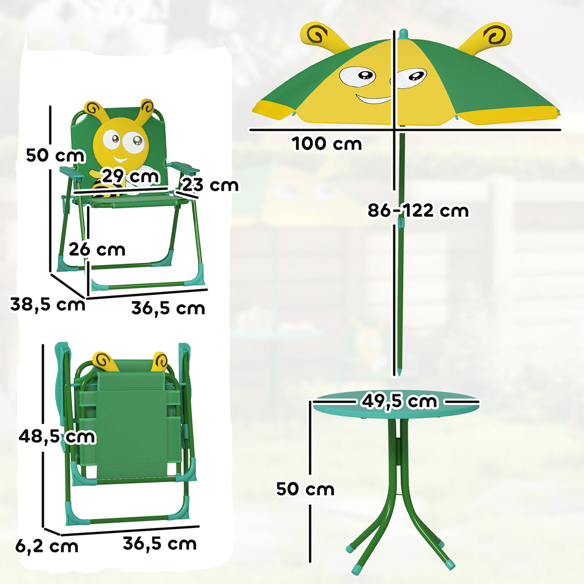 Conjunto de móveis de jardim para crianças, cadeiras, mesa, guarda-sol, design de abelha, Verde+Amarelo — foto 2