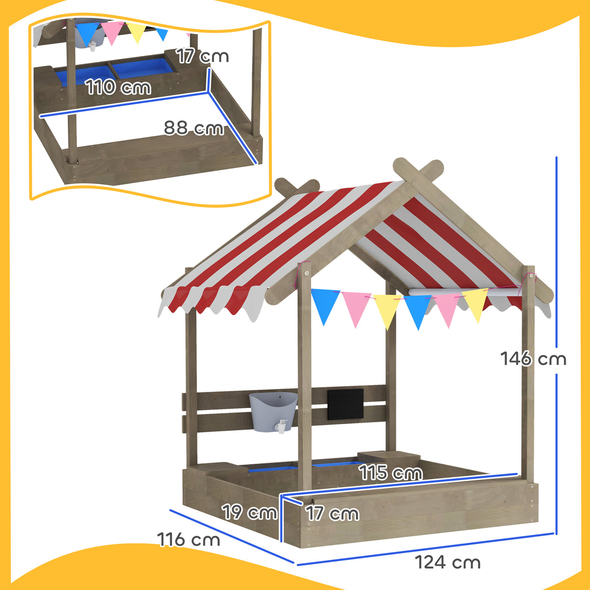 Caixa de areia com proteção solar, design de casa de brincar, com conjunto de brinquedos, madeira maciça tratada, 124 x 116 x 146 cm, cinza — foto 2