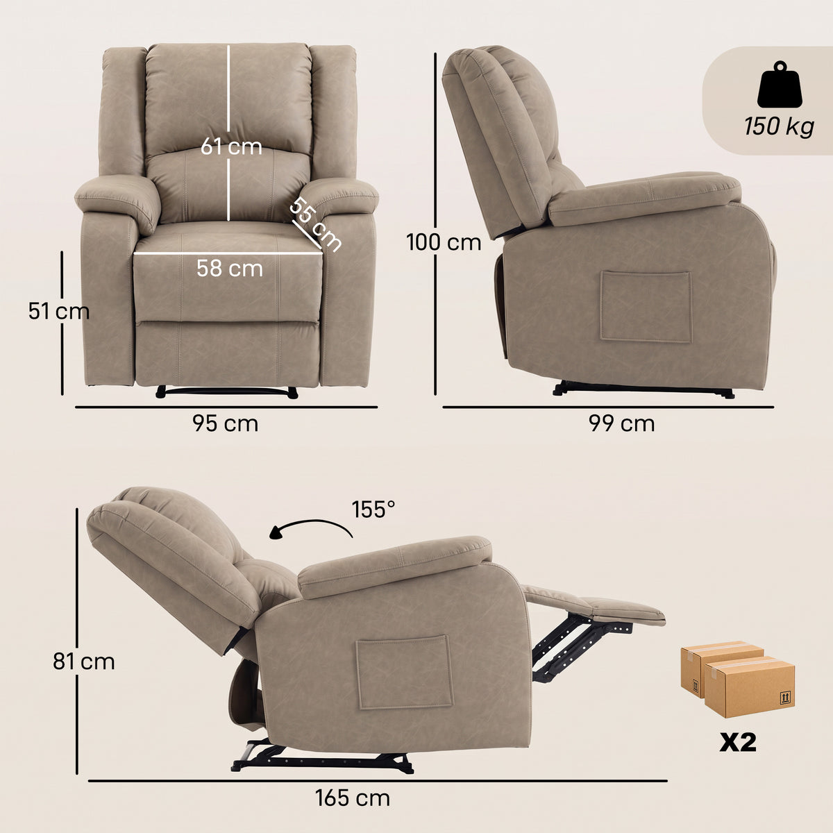 Cadeirão Relax Reclinável Manual em PU com Apoio para os Pés, Assento Largo, Acolchoado Espesso, Reclinável até 155°, Cáqui — foto 2
