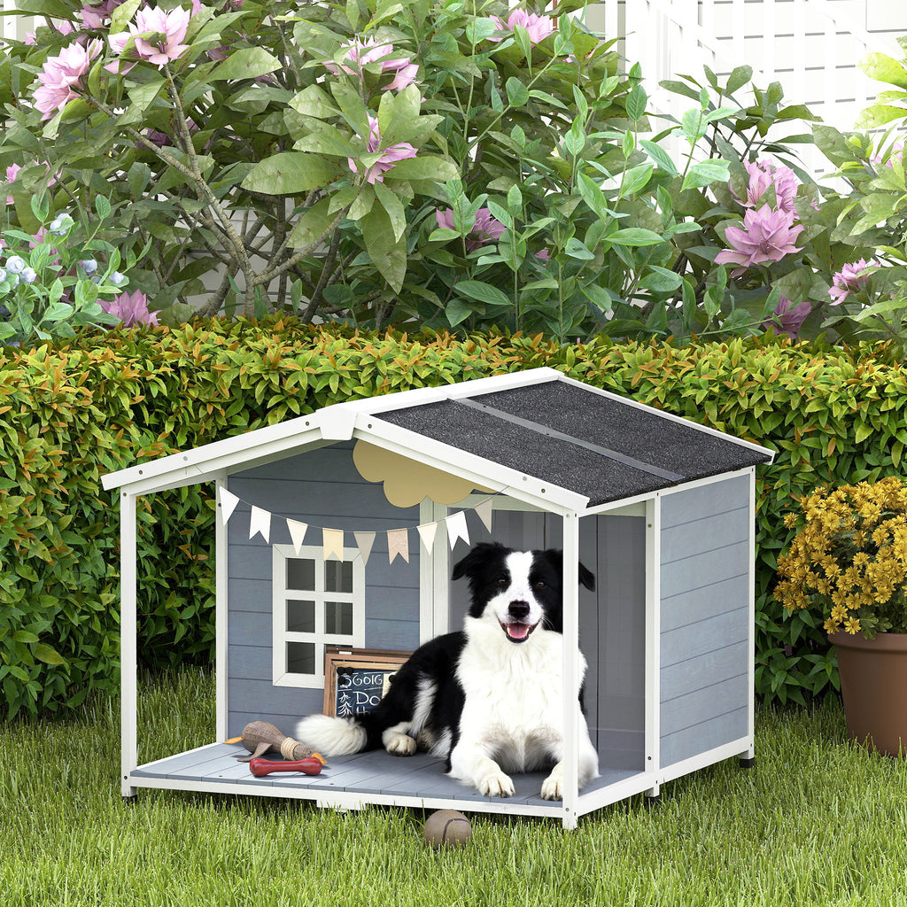 Casota para Cães Resistente às Intempéries Elevada em Madeira com Telhado de Betume Terraço para Cães de Porte Médio 103x107x83,5 cm Cinza — imagem 11
