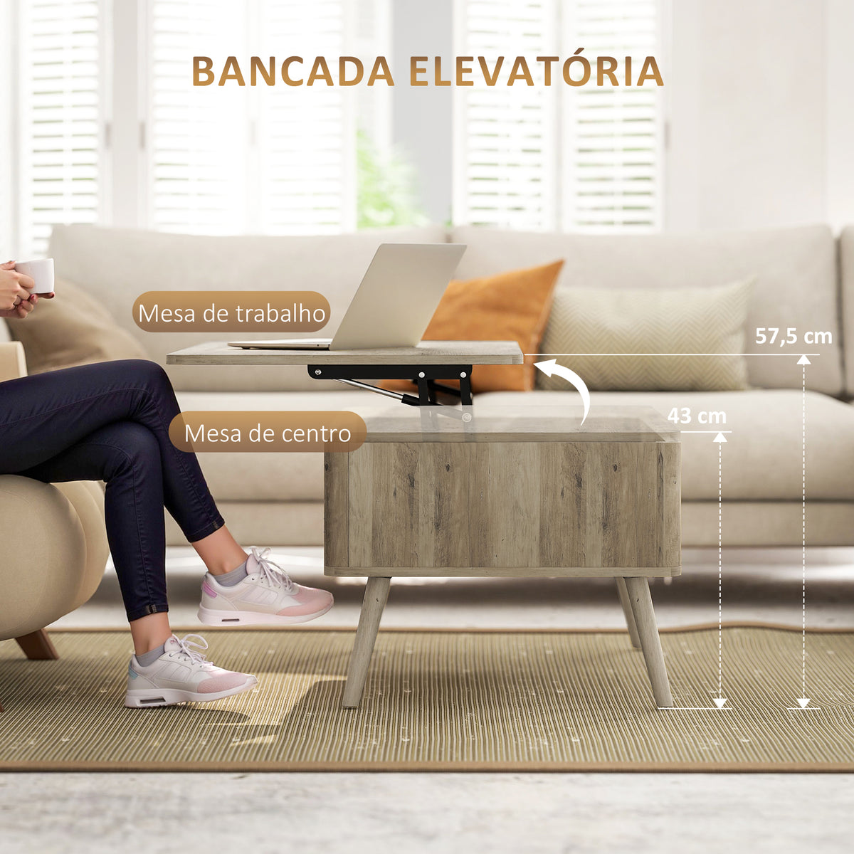 Mesa de Centro Elevatória Mesa de Café para Sala de Estar com Compartimentos Ocultos de Armazenamento e Pés de Pinho 91x56-80,5x43-57,5 cm Carvalho — foto 4