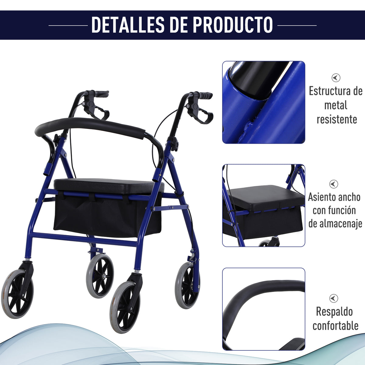 Andador para Adultos Dobrável com Armazenamento Assento e Travão 65x53x79-89cm Azul e Preto — foto 5