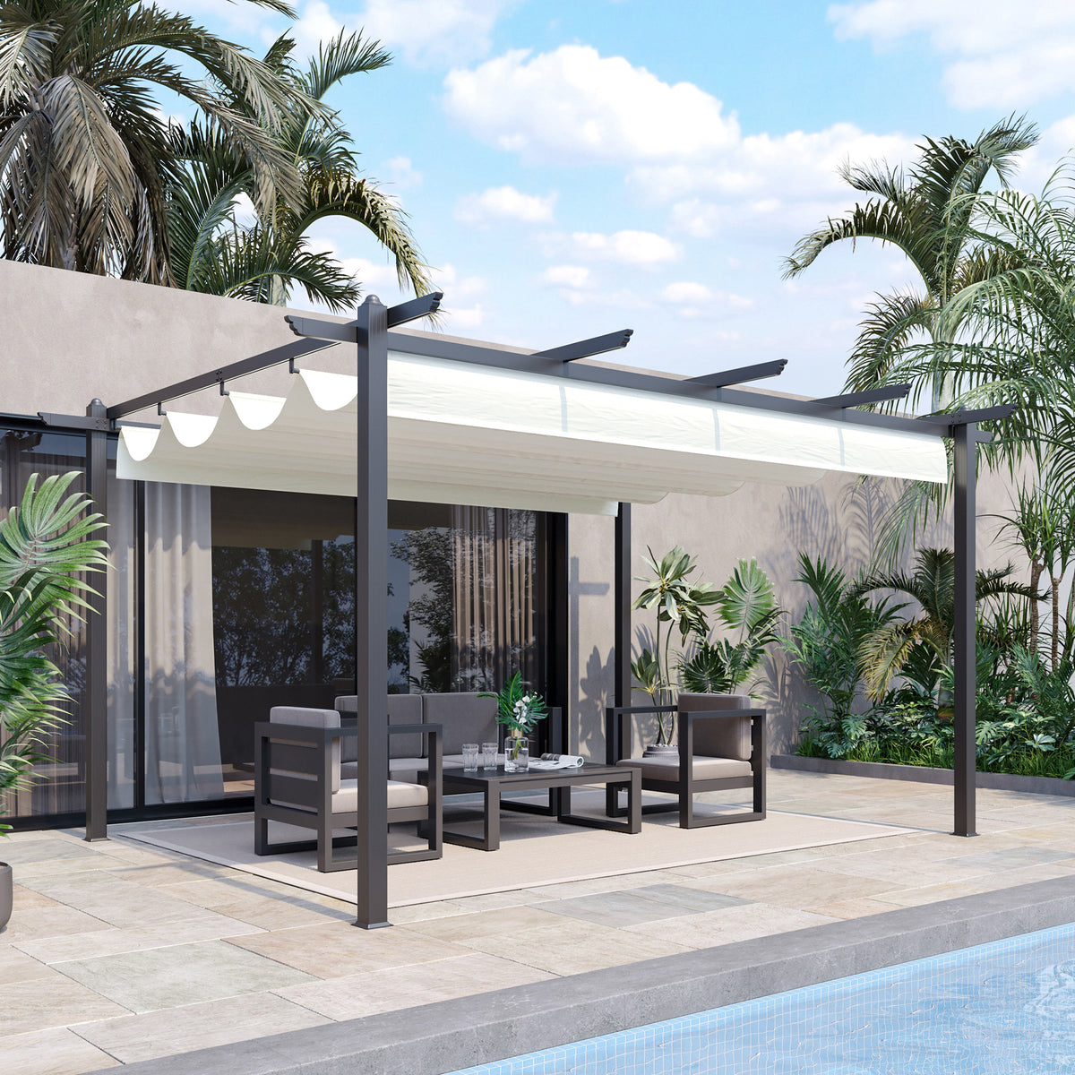 Pérgola de Alumínio 4x3 Pérgola de Jardim com Teto Retrátil Tecido de Poliéster e 8 Orifícios de Drenagem para Pátio Terraço Exterior Creme — foto 2