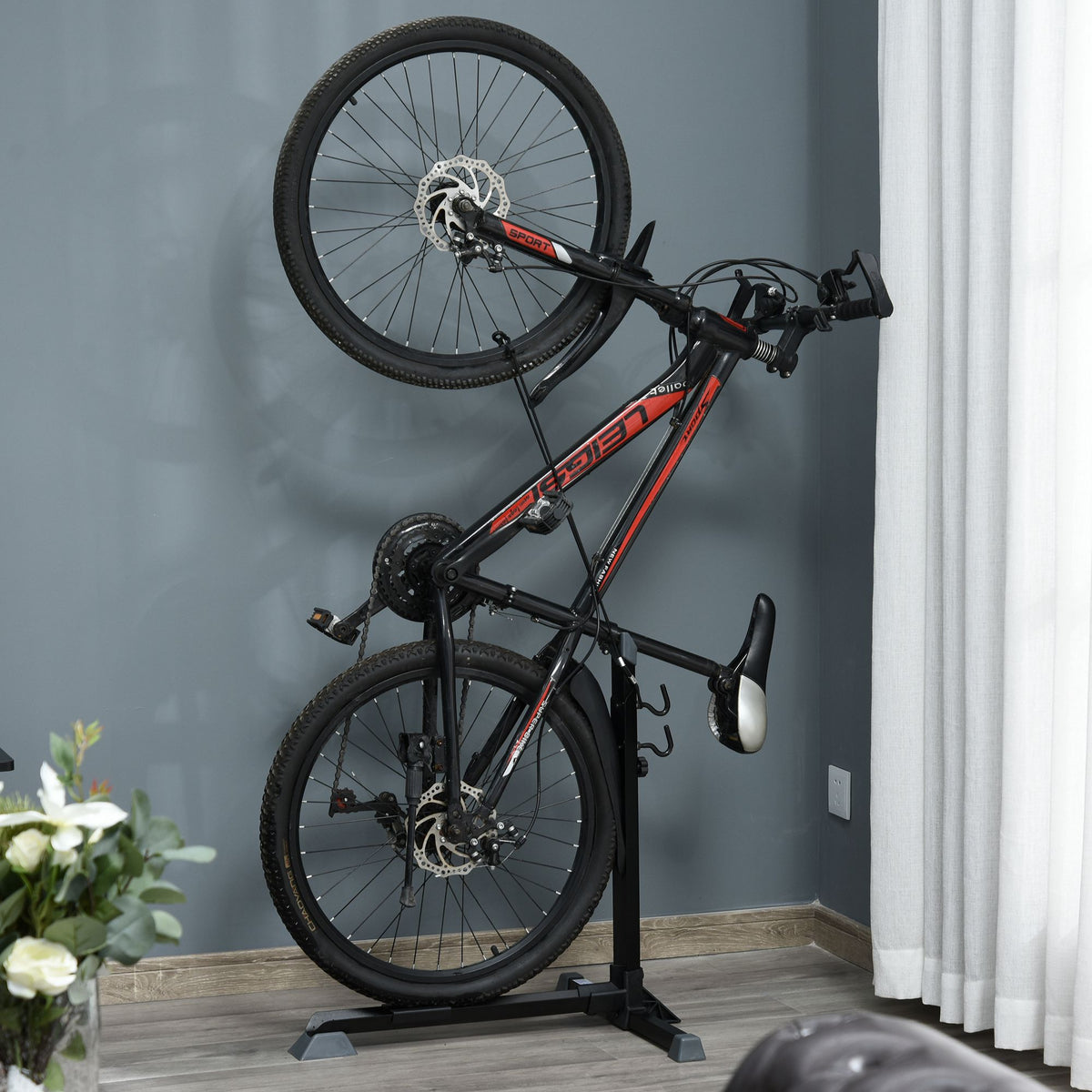 Suporte de bicicleta vertical Cavalete ajustável para bicicleta com alça de fixação fácil de transportar Suporta 30kg 66x56x63-73.5cm Preto — foto 2