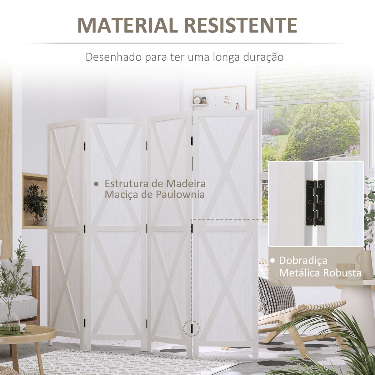 Biombo de 4 Paineis Separador de Ambientes Dobrável 182x170cm Divisória para Espaços de Madeira Decoração Elegante para Dormitório Sala de Estar Branco — foto 5