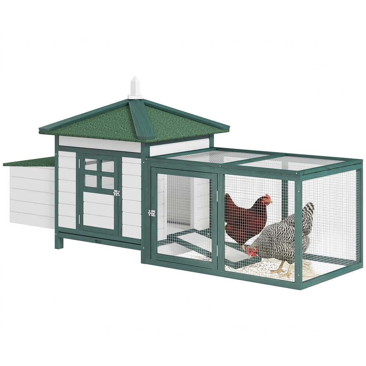 Galinheiro de Madeira de Abeto para Galinhas de Exterior com Caixa Ninho Bandeja Removível e Espaço para Correr 196x76x97 cm Verde — foto 1