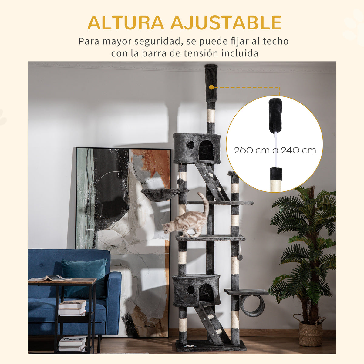 Árvore arranhador para Gatos com Altura Ajustável Plataformas Múltiplas Caverna Cestas e Escadas em Sisal Natural e Pelúcia 60x45x240-260 cm Cinza Escuro — foto 5