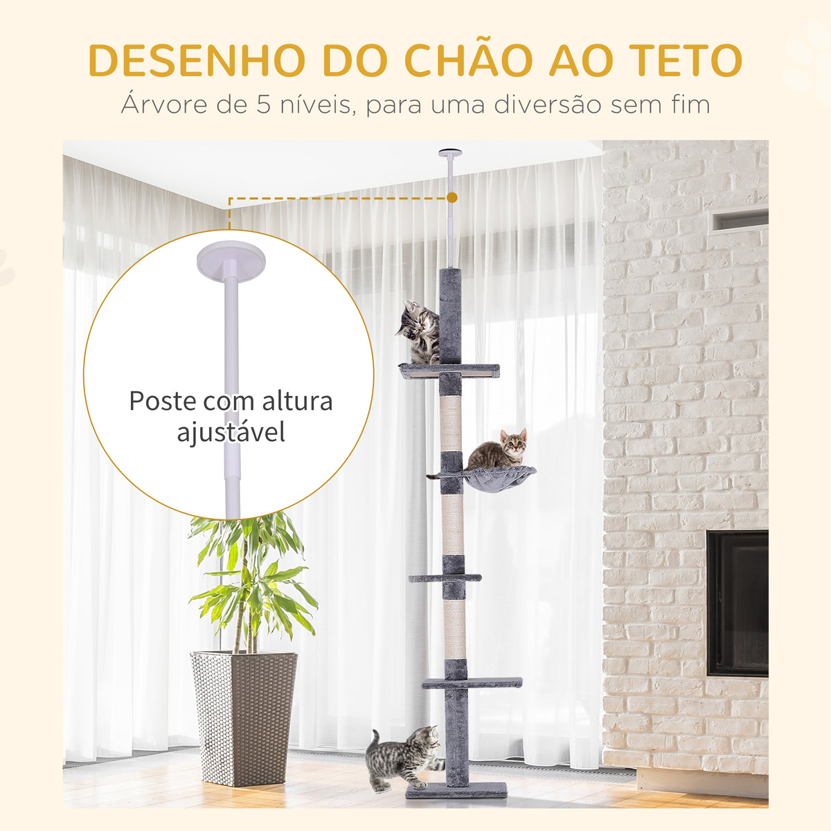 Árvore Arranhadora para Gatos Arranhador para Fixar ao Teto Altura Ajustável com Plataformas Poste de Sisal 40x34x230-260cm Cinza — foto 5