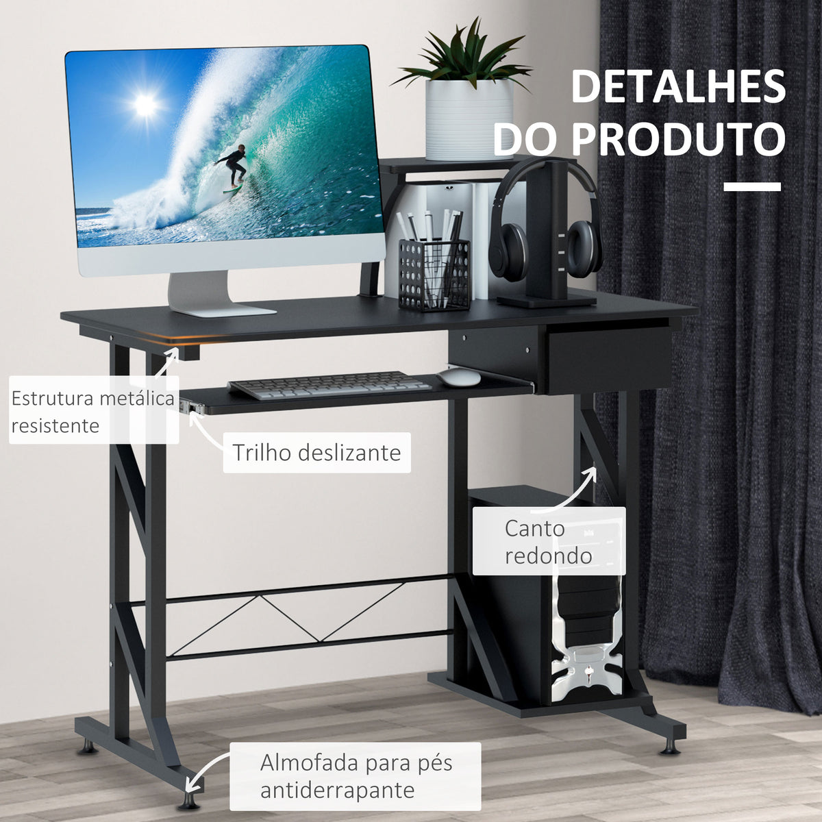 Mesa de Computador com 1 Gaveta Bandeja para Teclado e Suporte para CPU para Escritório Estúdio 90x50x95 cm Preto — foto 5