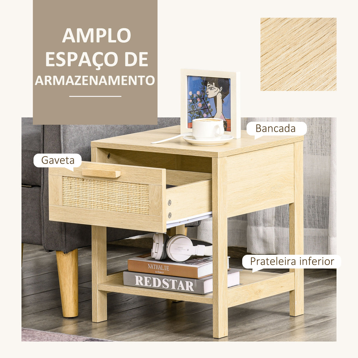Mesa de cabeceira em malha Mesa lateral com gaveta e prateleira inferior em DM e vime para quarto Sala 40x40x48 cm Cor madeira — foto 5