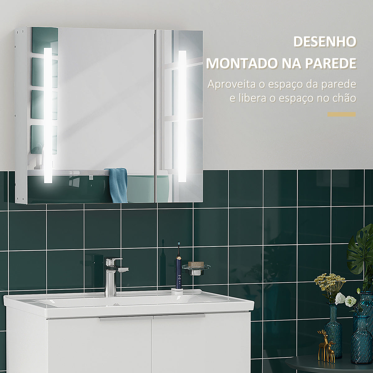 Armário com Espelho de Casa de Banho com Luz LED Armário de Casa de Banho Suspenso com 2 Portas e Interruptor Tátil Estilo Moderno 70x15x65 cm Branco — foto 4