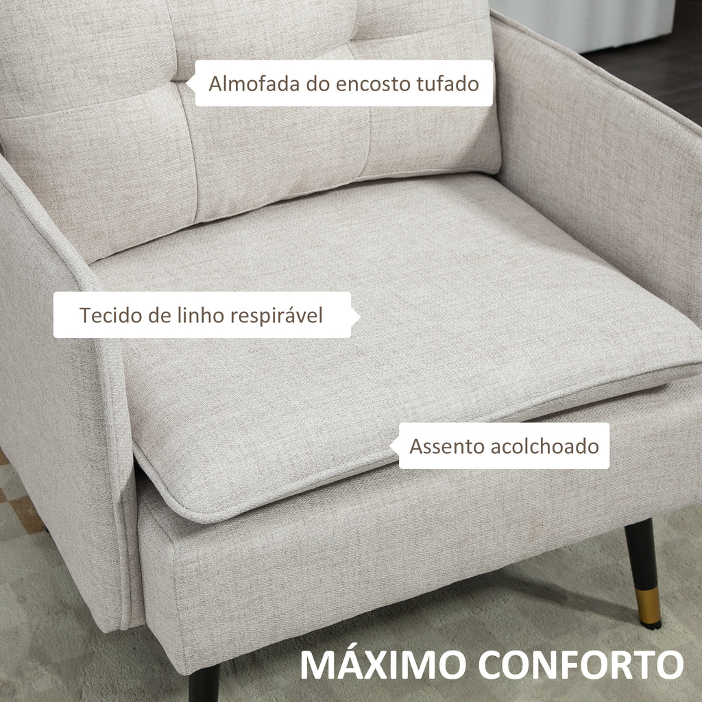 Poltrona Sala de Estar Poltrona Relax com Apoio para os Braços Assento Acolchoado e Pés de Aço Sofá Individual Moderno para Dormitório 76x68x80 cm Creme — foto 4