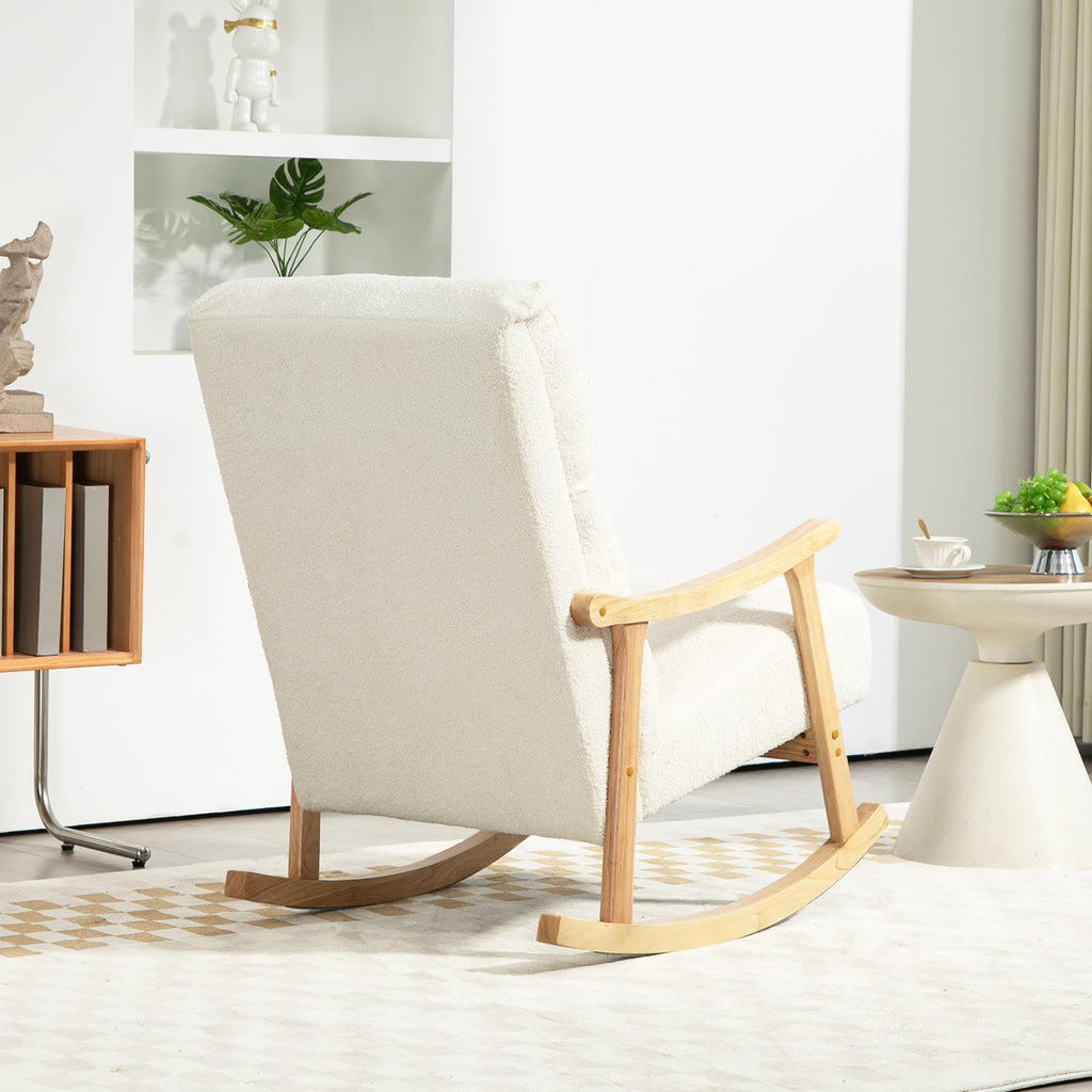 Poltrona Baloiço Moderna Poltrona Baloiço com Pés e Apoio para os Braços de Madeira de Faia Encosto Alto Poltrona de Amamentação Carga 120 kg para Dormitório Sala de Estar 65x90x98 cm Creme — foto 7