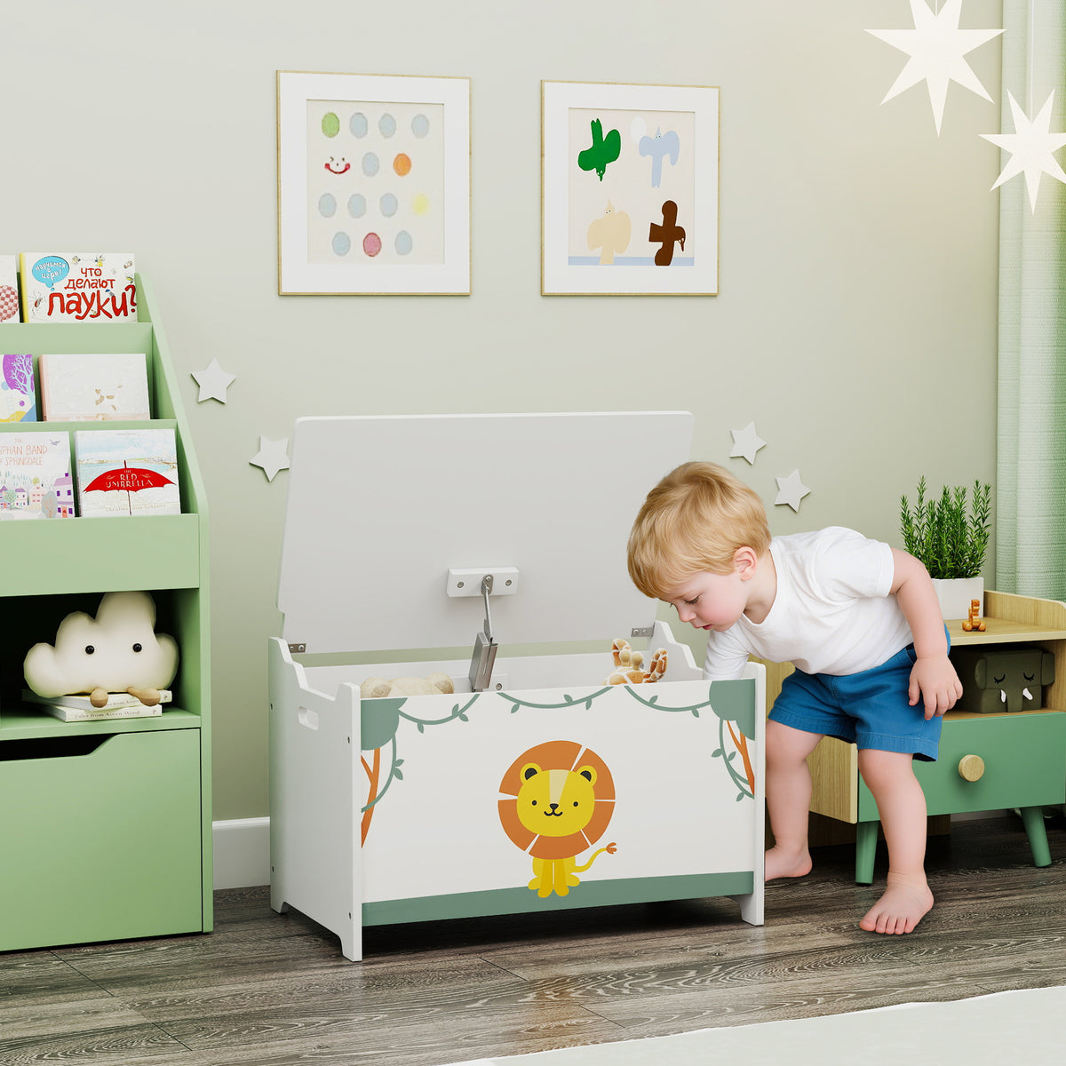 Baú Brinquedos Infantil 53 L Caixa de Arrumação Brinquedos Organizador Brinquedos com Tampa Rebatível Pistão a Gás para Livros Roupas 60x37x39 cm Verde — foto 2