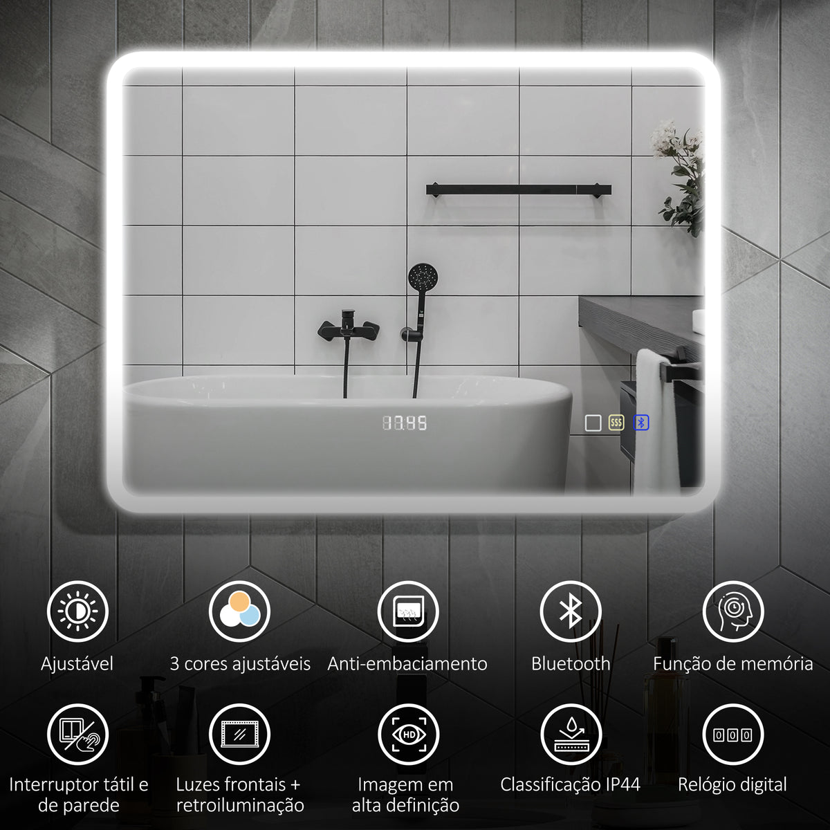 Espelho de Casa de Banho com Luz LED 80x60 cm Espelho de Parede com Bluetooth 3 Cores de Luz Relógio Digital Função Antiembaciamento Função de Memória Interruptor Tátil IP44 Prata — foto 4