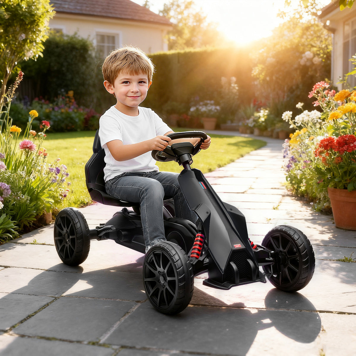 Kart a Pedais Infantil Kart a Pedais para Crianças de 3-8 Anos com Assento Ajustável em 4 Posições, Travão de Mão e Rodas de EVA Carga 30 kg Preto — foto 2