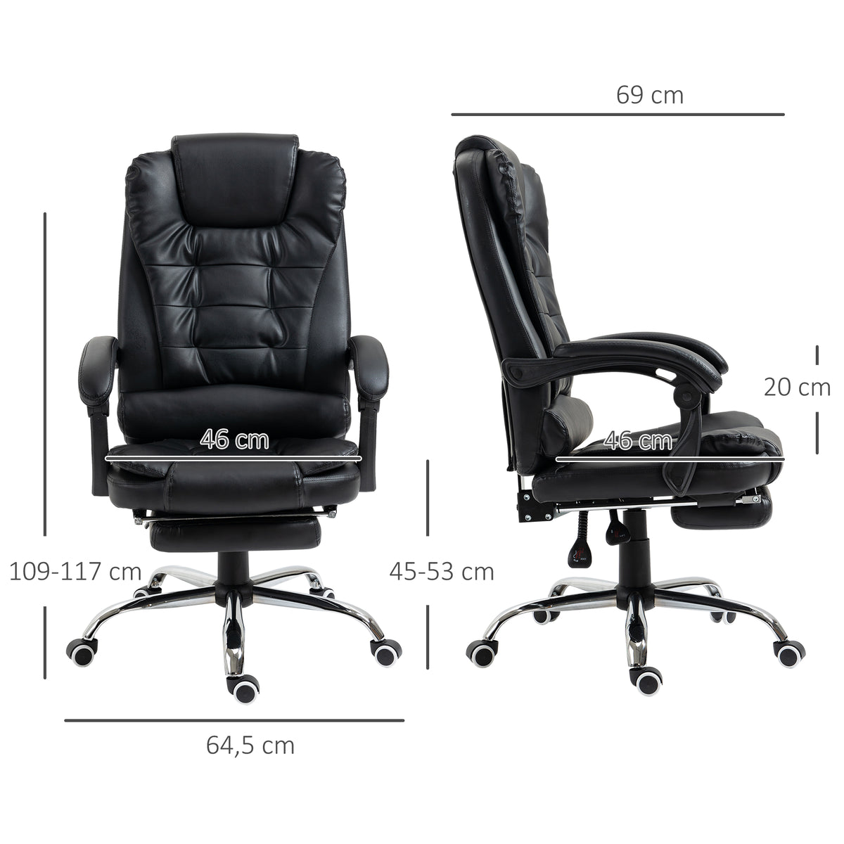 Cadeira de Escritório Reclinável Cadeira de Escritório com Apoio para os Pés Cadeira Executiva Giratória com Altura Ajustável Estofada em PU e Apoio para os Braços 64,5x69x109-117 cm Preto — foto 3