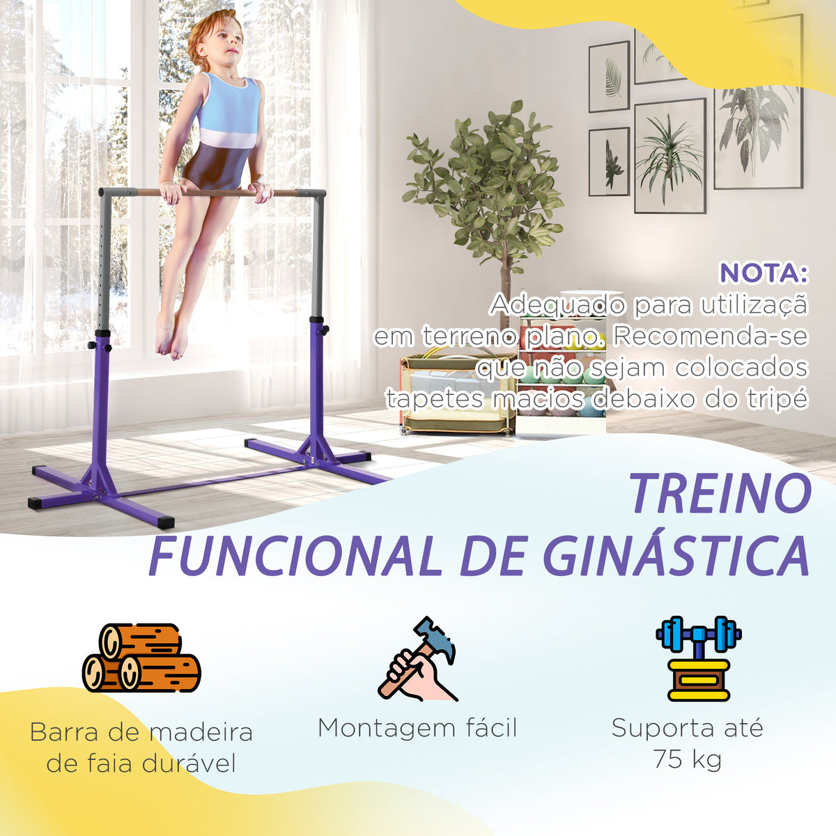 Barra de Ginástica para Crianças acima de 3 Anos Barra de Treino com Altura Ajustável 92-150 cm Barra Horizontal de Ginástica Carga 75 kg 194x121x150 cm Roxo — foto 5
