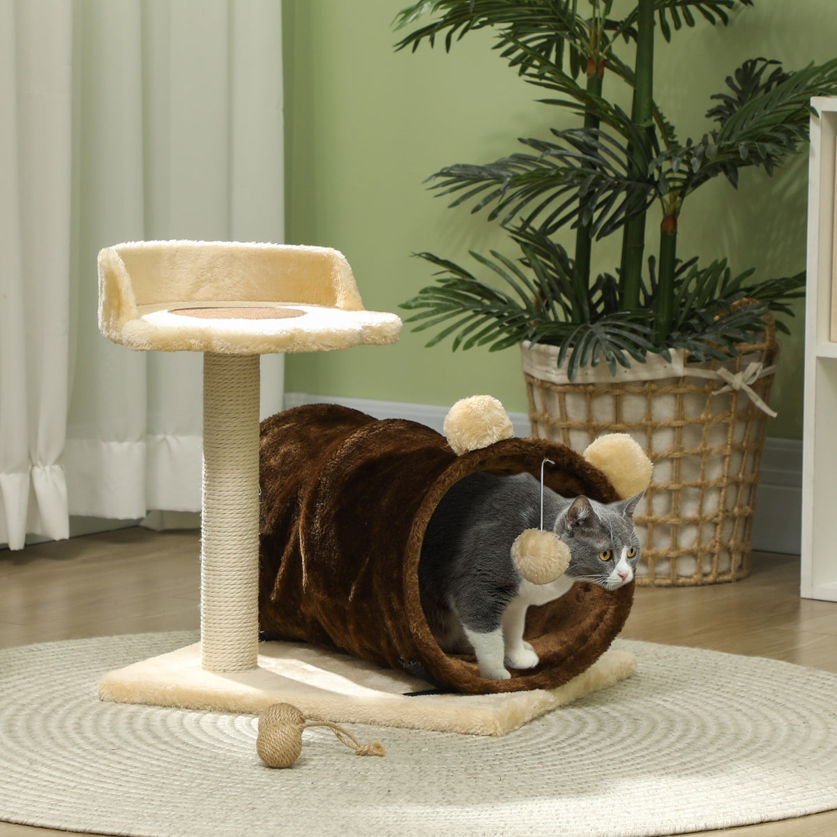Arranhador para Gatos Altura 47 cm Arranhador para Gatos com Túnel Cama Plataforma Bola Suspensa e Poste de Juta Marrom Escuro — foto 2