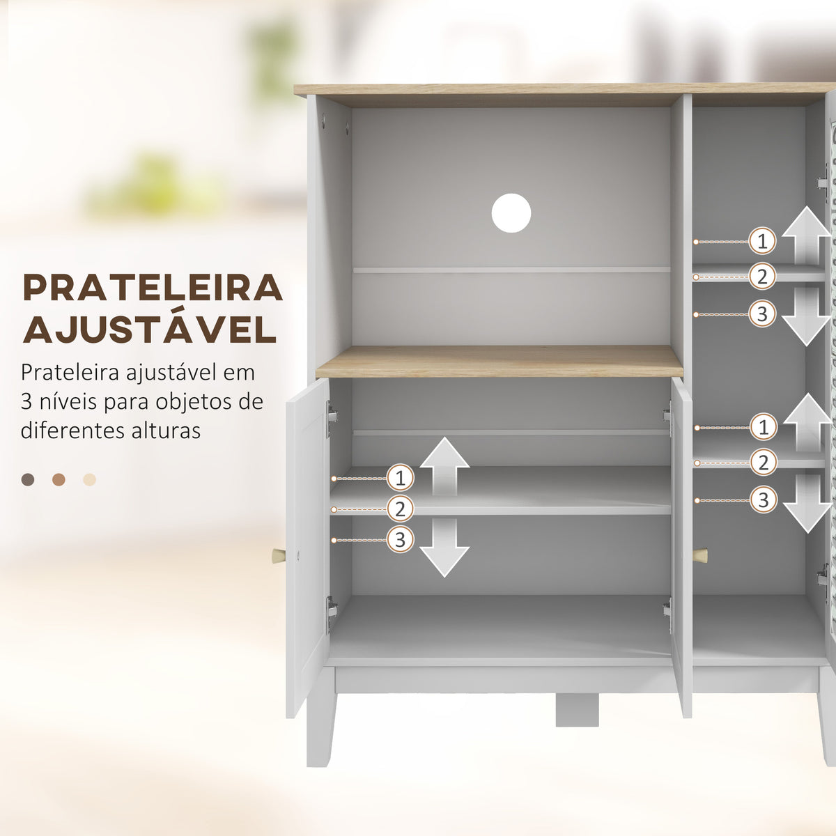 Móvel Auxiliar de Cozinha Moderno Móvel para Micro-Ondas Móvel de Cozinha com Prateleiras 3 Portas Compartimento Aberto Sistema Anti-Tombo para Sala de Jantar 80x35x97 cm Branco — foto 6